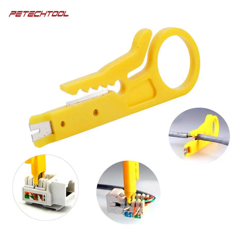 Compact Pass Through Ethernet Crimp Tool Kit with wire cutter and stripper showing yellow wire stripper and CAT6 connections