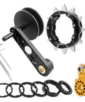 Upgrade Your Ride With This Tough Aluminum And Steel Single Speed Conversion Kit Chain Tensioner Guide For Easy Bicycles Adjuster Setup That Prevents Derailments And Keeps You Cruising Smooth On Every Dirt Track Or City Street Without Breaking A, black bike chain tensioner with 12-tooth sprocket and spacers