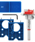 35mm Forstner Bit And Concealed Hinge Jig Set 5 Piece Kit with depth lock, cutter, and hex key for woodworking projects.