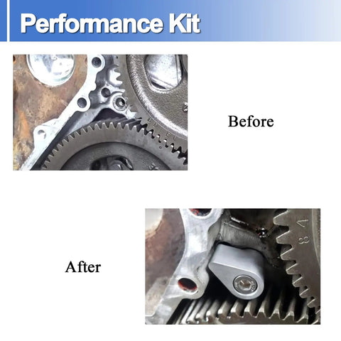 Dodge Cummins 12V 5.9L Dowel Pin Repair Kit With Retainer For 1989 1998 Diesel Engines Stops Dowel Pin Backout And Timing Cover Damage Quick Install Real Engine Protection Keeps Your Ride Running Strong, before and after timing gear close-up