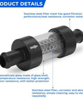 Five Eighth Inch Universal Inline Heater Core Coolant Filter Keeps Radiators Running Smooth Flushes Built Up Gunk And Scale High Flow Design showing stainless steel mesh and glass shell.