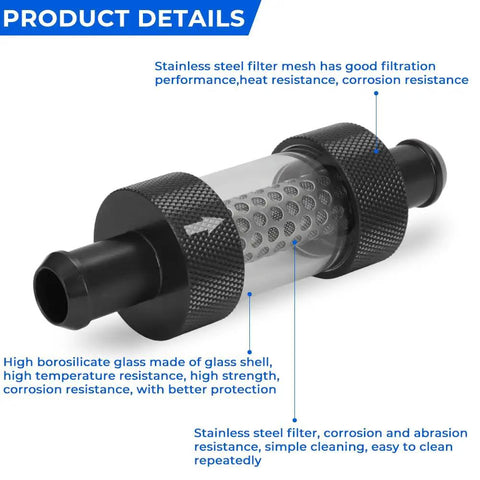 Five Eighth Inch Universal Inline Heater Core Coolant Filter Keeps Radiators Running Smooth Flushes Built Up Gunk And Scale High Flow Design showing stainless steel mesh and glass shell.