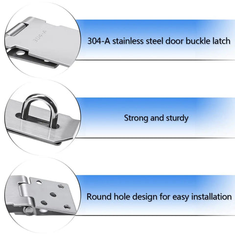 Close-up of 304-A stainless steel components from the Two Pack Stainless Steel Gate Lock Hasp Set With Safety Packlock Clasp.