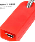 Front view of red plastic pool float hanger hook with metal line clamp