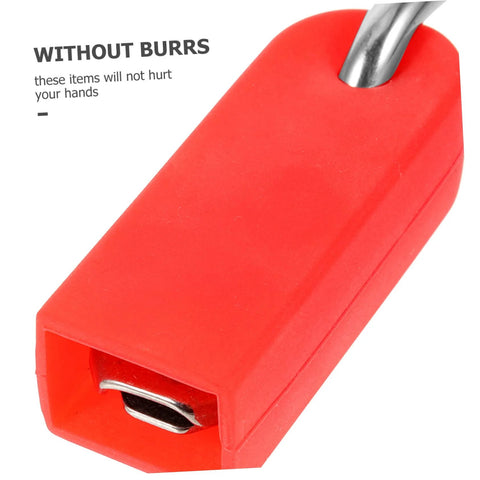 Front view of red plastic pool float hanger hook with metal line clamp