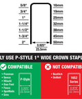 Diagram showing compatible P-Style staples for Pneumatic 16 Gauge Wide Crown Stapler For Construction Projects And Heavy Duty Roofing.