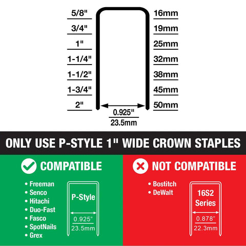 Diagram showing compatible P-Style staples for Pneumatic 16 Gauge Wide Crown Stapler For Construction Projects And Heavy Duty Roofing.