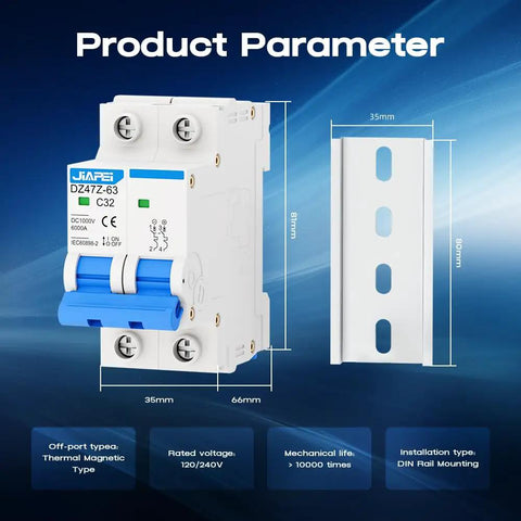 Miniature Circuit Breaker 1000V 2 Pole 32 Amp Isolator For Solar PV System With Thermal Magnetic Trip DIN Rail Mount C32 DC Disconnect Switch showing 35mm DIN rail size