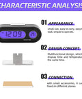 MEANLIN MEASURE car clock with purple LCD backlight; displays time and temperature; includes stand and adhesive pad (pack of 2).