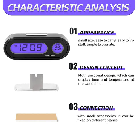 MEANLIN MEASURE car clock with purple LCD backlight; displays time and temperature; includes stand and adhesive pad (pack of 2).