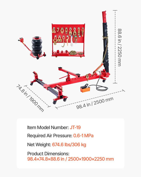 6T Auto Body Frame Puller Straightener With 3T Airbag Jack And 6000 PSI Hydraulic Foot Pump Includes 16 Tools, dimensions shown