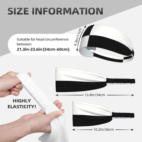 Black And White Piano Grid Print Stretchy Headbands Sweat Wicking And Ultra Breathable Workout Band size information with elasticity details.