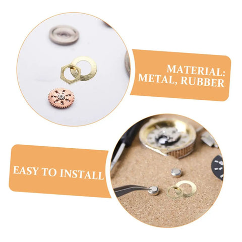 Clock Movement Nut Set With Washers 14 Pcs Replacement Parts Kit showing metal nuts and washers for DIY repair with text "Material: Metal, Rubber" and "Easy to Install".