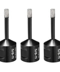 Three Pack Diamond Hole Saw Set, 5mm Core Drill Bits With Five Eighths Inch Thread For Angle Grinders, Cuts Ceramic Porcelain Marble Tiles Stone Brick And Other Hard Materials, 30mm Working Depth. Image shows three identical black drill bits.