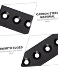 Close-up of heavy duty black metal track connection plate for sliding barn door, showing carbon steel material and smooth edges.