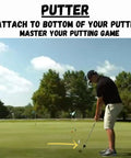 A golfer practicing putting with Golf Swing Trainer Weight 4oz To Train With Your Own Club Boost Distance And Clubhead Speed.