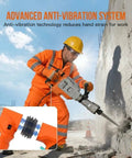 Worker using 1700W Electric Jackhammer Concrete Breaker With 1900 BPM Demolition Power on concrete wall.