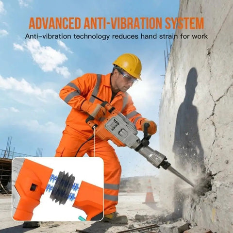 Worker using 1700W Electric Jackhammer Concrete Breaker With 1900 BPM Demolition Power on concrete wall.