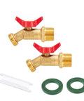 Beefy Brass Ball Valve For Outdoor Garden Hose Spigot Featuring Crisp Quarter Turn Shut Off And Tight Grip Two Pack Connector Kit showcasing two brass valves with red handles and washers.