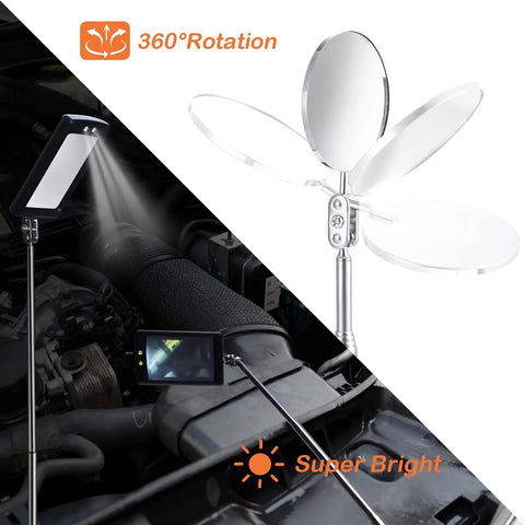 Magnetic Telescoping Pickup Tool Set With 15 Lb And 1 Lb Pickup Rods, 360-degree mirrors, and LED light in use for auto repair