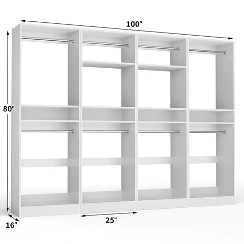 Heavy Duty 100 Inch Wood Closet System With 8 Hanging Rods, Adjustable Walk In Wardrobe Organizer with shelves.