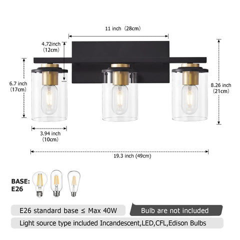 3-Light Black And Gold Bathroom Vanity Lights With Glass Cylinder Sconces, Wall Mounted, Dimensions Illustrated