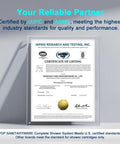 Certification document for shower system meeting U.S. standards, with quality assurance by cUPC and ASME, displayed on wall
