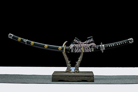 41 Inch Black Authentic Tachi Style Curved Handmade Japanese Samurai Katana Sword With T10 Carbon Steel Full Tang on display