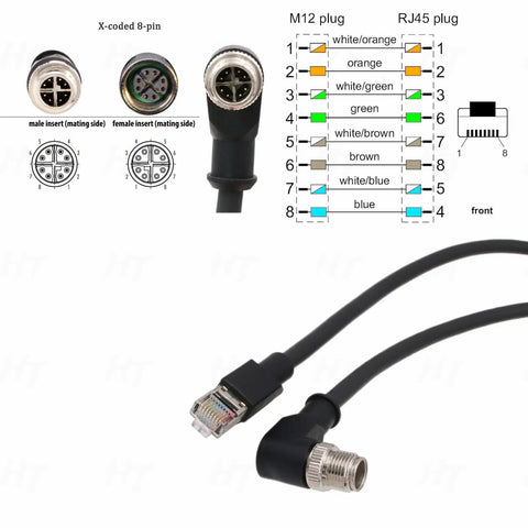 M12 X Coded Ethernet Cable For Cognex In Sight And DataMan Vision Systems 2 Meter High Flex CAT6A RJ45 To 8 Pin Male Connector