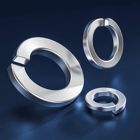 Angled view of a set of three stainless steel split lock washers for screws and bolts.