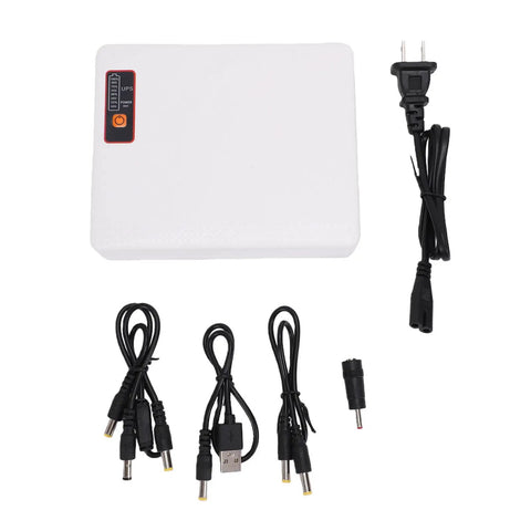 Mini Ups Dc Battery Backup 20800Mah Us Plug with cables for router, modem, and devices during blackouts, white compact design.