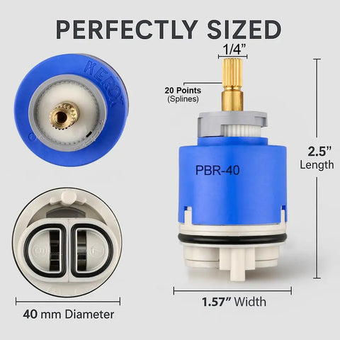PBR 40 Faucet Cartridge Replacement Compatible With La Torre Cascade Nobili, shown with dimensions and ceramic stem.