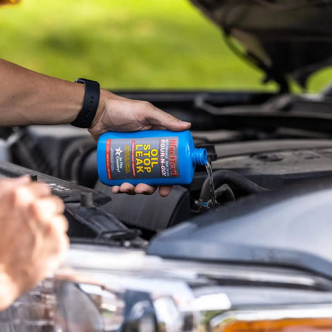 Oil Stop Leak Additive That Actually Seals Leaks Fast, 8 Ounce Bottle For Crankcase And Oil System, Easy Pour, Permanent Seal, Pro Grade Formula For Drips And Leaks, Keeps Your Engine Running Smooth And Clean. Blue bottle pouring into car engine bay