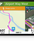 Big 7 Inch RV GPS Navigator with custom RV routes displaying Airport Way West sharp curve, renewed model