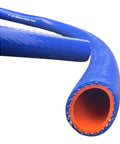 Close-up of blue 1-inch silicone heater hose with orange inner lining for automotive/industrial use.