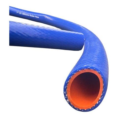 Close-up of blue 1-inch silicone heater hose with orange inner lining for automotive/industrial use.