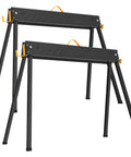 Heavy Duty Folding Saw Horses 2 Pack, Portable Job Site Workhorses 2200 Lbs Load Capacity, sturdy black metal with orange handles.