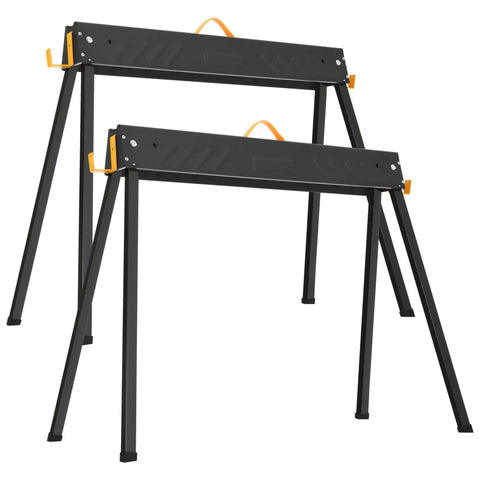 Heavy Duty Folding Saw Horses 2 Pack, Portable Job Site Workhorses 2200 Lbs Load Capacity, sturdy black metal with orange handles.