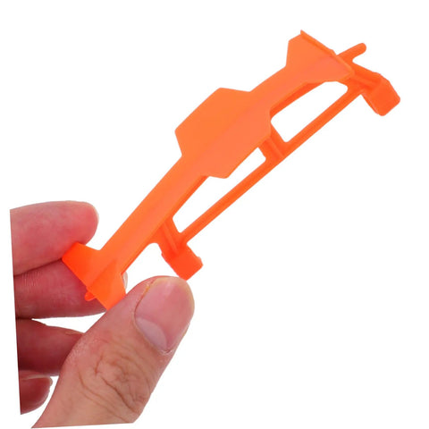 Hand holding bright orange bracket for Five Pack Rubber Band Powered Glider Plane Kit For Kids And Fam, DIY Assembly Aircraft Model.