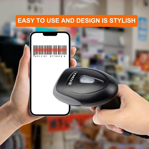 Handheld USB Barcode Scanner, Wired CCD Barcode Reader scanning barcode on phone screen in store setting