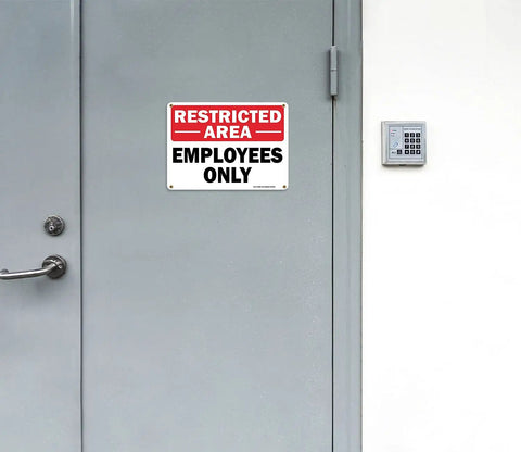 Dang Solid Metal Restricted Area Sign And Employees Only Plate Two Piece Set 10 By 7 Inch on gray door with keypad access.