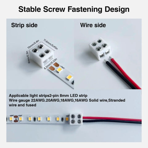 Two Pin 8mm LED Strip Connector With 32.8Ft Wire, Screw Terminal Quick Connectors For 5V 12V 24V COB Tape Light, 15 Pack, No Soldering Needed, IP65 Waterproof Compatible Strip Light Accessories displayed