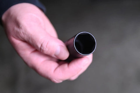 Close-up of a thin-walled socket from the 4-Piece Half Inch Drive Thin Wall Lug Nut Socket Set For Damaged, Swollen, And Stuck Lug Nuts