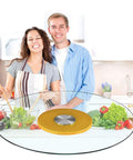 Smooth Silent 27.5 Inch Lazy Susan Turntable With 10mm Tempered Glass Plate and Gold Base in a kitchen setting.