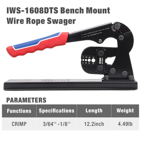 Bench Mounted Swaging Tool For Crimping Aluminum Wire Rope End Sleeves And Oval Duplex Sleeves 3/64 In To 1/8 In Heavy Duty Crimping Tool With Steel Construction And Wooden Base For Easy Mounting And High Volume Use display