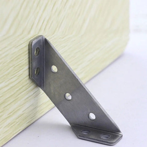 10 Pack Stainless Steel Trapezoid Corner Brackets For Shelves And Cabinets Heavy Duty Shelf Supports installed on wood surface