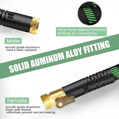 HIGH QUA non-expanding garden hose with green braided exterior, brass fittings, and jet nozzle.