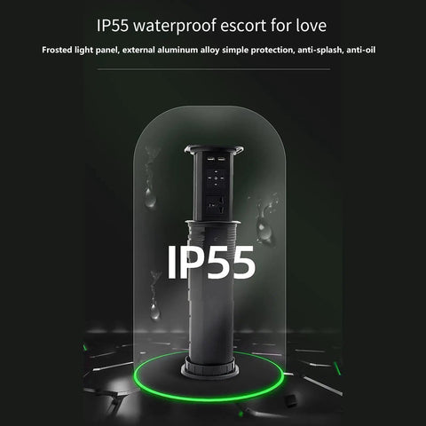 Solid Build Automatic Pop Up Power Strip With Quick Wireless Charging Pad Waterproof Hidden Under Desk Surge Protector Plug And Play Outlet Block In Silver displayed in IP55 waterproof protection.