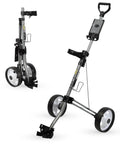 Ultra Lightweight Two Wheel Golf Push Cart Featuring A Smooth Glide Frame And Quick Compact Fold Setup for easy storage.