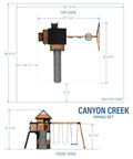 Top and front views of Cedar Wood Swing Set With Wave Slide And Elevated Clubhouse Play Kitchen And Picnic Area Belt And Web Swings Rock Wall Balconies Playhouse Step Ladder And Outdoor Family Playset For Backyard Fun And Imaginative Outdoor Playtime with dimensions.